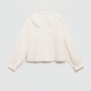 Mango MNG Off White Textured Button Down Long Puff Sleeve Blouse